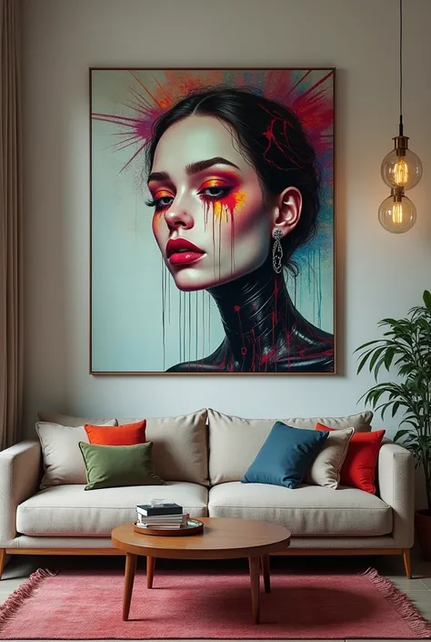 a living room with a couch and a painting on the wall, featured on pexels, beautiful crying! android woman, dripping with color, trending on artstartion, stylized portrait h 1280, sold out piece, unusually unique beauty, face with artgram,  big canvas art,...