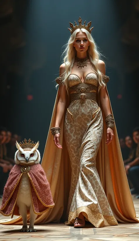 A photo of a queen of Viking descent wearing an elegant royal gown, with a big fluffy majestic glamour baby owl dressed in a colorful royal cloak and a sparkling crown, walks along the catwalk, with a confident look and gait