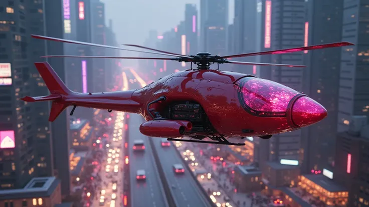 A scene where a helicopter made of reddish-purple roasted sweet potatoes glides through the cyberpunk cityscape、The moment the 、Ghost in the Shell、Blade Runner 2049