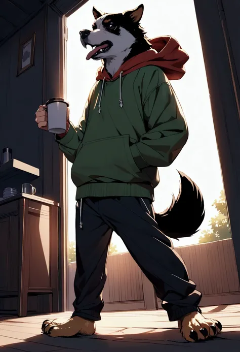 Angry dog standing on both feet holding a coffee cup an wearing a hoodie