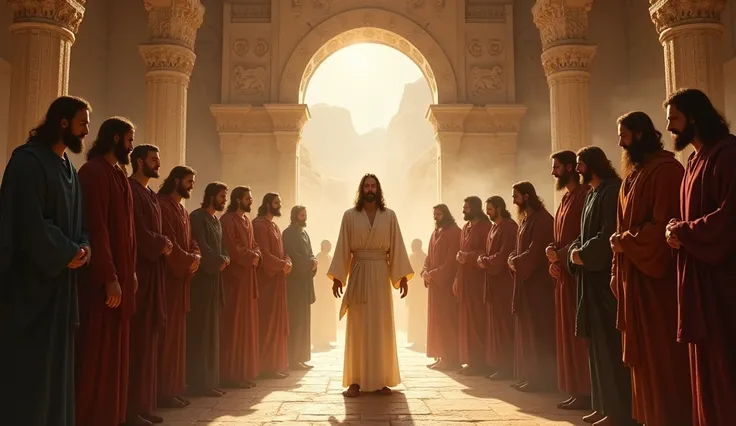 Jesus and his disciples inside the temple in the city of Caesarea Philippi