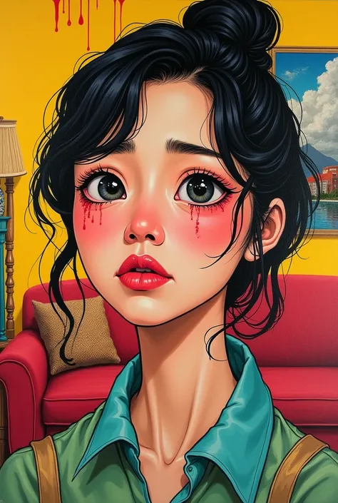 a  yellow living room with a couch and a painting on the wall, featured on pexels, beautiful crying! Chinese woman, dripping with color, trending on artstartion, stylized portrait h 1280, sold out piece, unusually unique beauty, face with artgram,  big can...