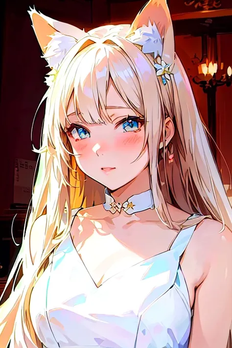 anime girl with long hair and cat ears in a white dress, Loli Dress,  beautiful anime girls,  Beautiful Animated Portraits ,  Cute Anime Girl ,  A cute anime bride is wearing a wonderful dress,  Anime Girl Portrait , White Hair Girl,  beautiful anime woman...