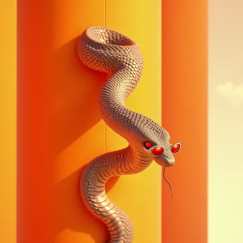 The snake descends from a towering orange stack, its body spiraling around as it goes. Its sunglasses glint with determination, and the background is blank for emphasis.