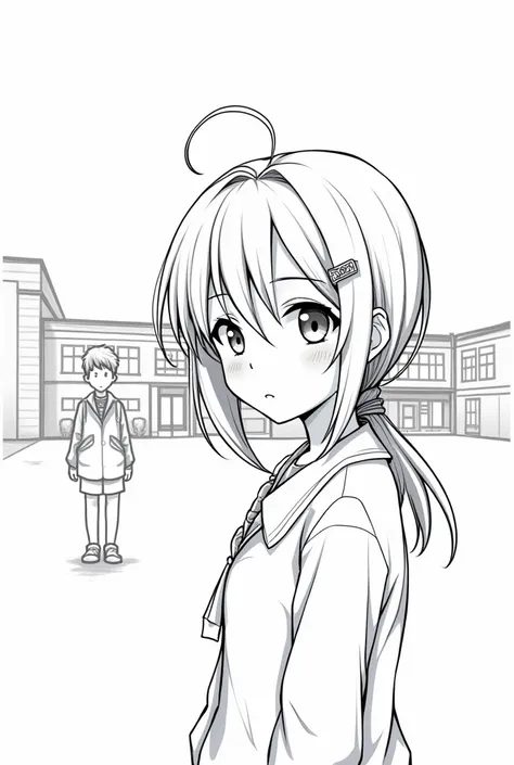 A girl misses ，Behind it is her school and her male friends，Cartoon，sketch，Black and white line drawing