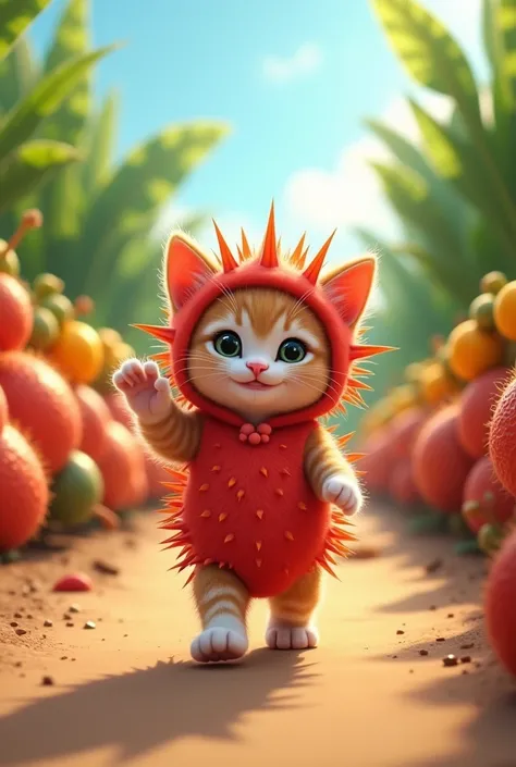 kitten 、(Im walking along the runway at a colorful fruit farm     )、     cute background、Stand and walk、    raise your hand、 3d illustration style     、8k、      wearing a real rambutan costume  