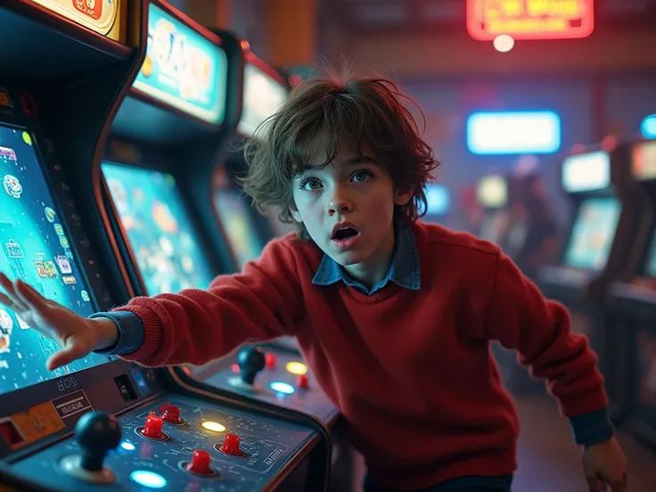 a 20-year-old boy with brown hair and a red sweater being sucked into an arcade machine