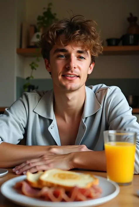 I took a selfie Im a man, I am 19 years old,  short hair, wavy and messy. Im at the table with my Spanish breakfast, toast, orange juice, ham.. with pajamas 