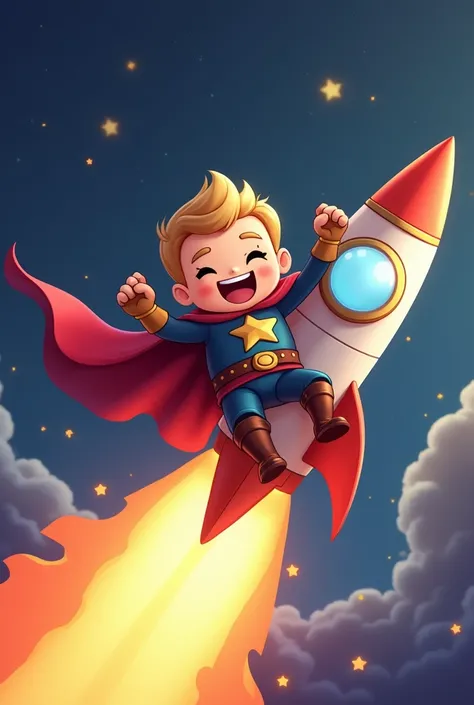 A chibi character hero riding on the tail fin of a shooting star and pumping his fist in excitement, a smiling shooting star, a hero with a smug face, fantasy illustration pop art, bold and dynamic, contrasts of light and shadow, 2.5D, artistic images art,...