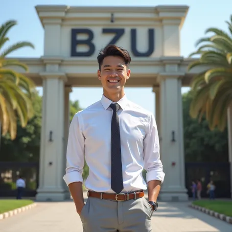 A mature and attractive university boy standing confidently in front of the university gate. He is wearing a crisp white shirt, light grey pants, and a neatly knotted tie. The boy is smiling warmly, exuding charm and confidence. The university gate is prom...