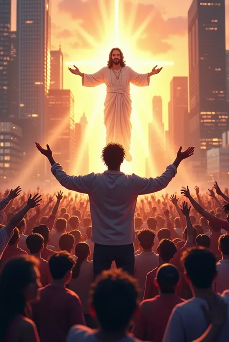 Youtuber surrounded by a crowd pointing to jesus