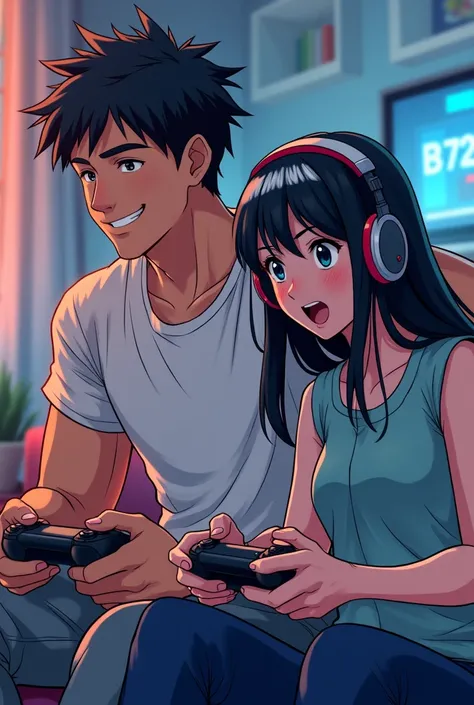 Anime comic style drawing , tall man with very short black hair and short woman long black hair stripe in the middle, both play video games together with headsets per call.