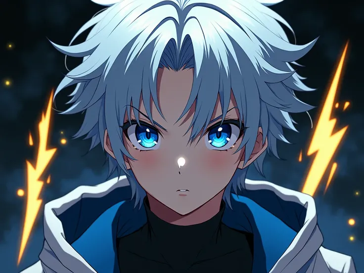 🖤、⚡️、 1 boy、 Silver Hair,  blue eyes,  anime style, Honolulu