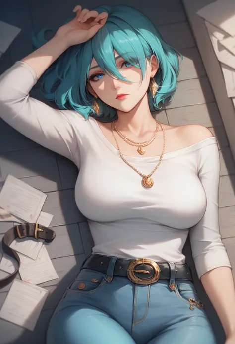 (masterpiece, best quality, high quality, highres, ultra-detailed), 1girl, bangs, bob cut, (bangs between eyes, hair cover one eye), blue eyes, (aqua hair), necklace, earrings, blue eyes, mature female, looking at viewer, mommy like body build, night time,...