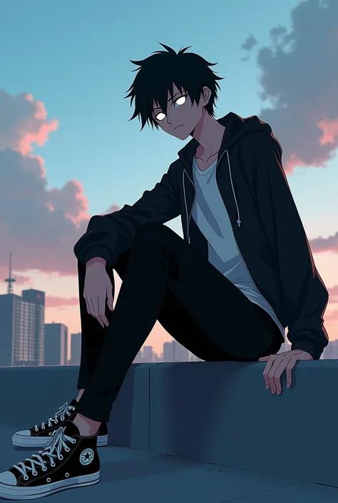 Picture this:Xeno an 18 year old boy slim jacket and its short,its black.white t shirt, black pants,all star shoes which are black and white,black short hair, eyes are glowing white


On top of a building 
 In anime, sitting 