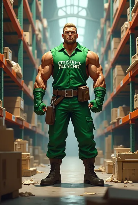  Play Garen from LOL with a green outfit written on it "Emporio Alencar  "

 Do it by cleaning a food warehouse 