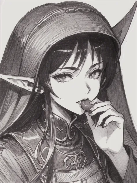 (  Masterpiece ,  best quality,  very detailed: 1.5), ( portrait, On), Black and white , ((sepia)), ((Pencil drawing)), fantasy, ( super detailed face,  ,  gothic fantasy illustration , Ukiyo-e, Comic art), break ( Dark Elves:  This young dark elf woman ha...