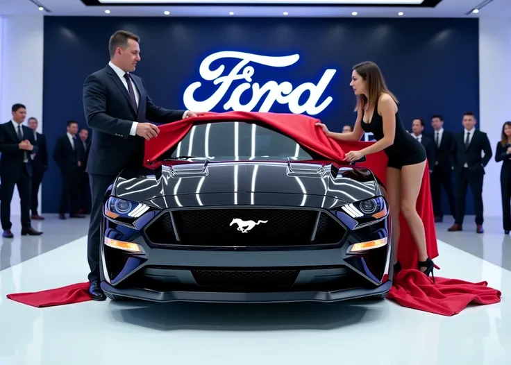 A captivating image of a (2025 Ford mustang gtd)center stage in a luxurious white showroom. The futuristic, vibrant (full black) exterior gleams, showcasing its sleek, aerodynamic design and bold accents. The words (Ford gtd ) are prominently displayed in ...