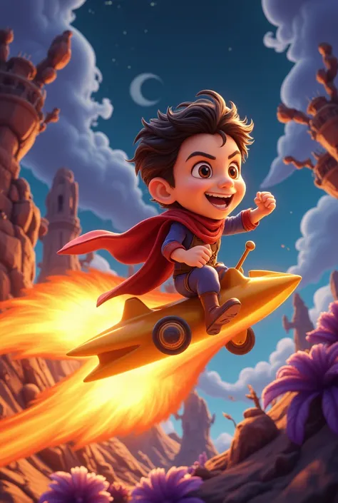 A chibi character hero riding on the tail fin of a shooting star and pumping his fist in excitement, a smiling shooting star, a hero with a smug face, fantasy illustration pop art, bold and dynamic, contrasts of light and shadow, 2.5D, artistic images art,...