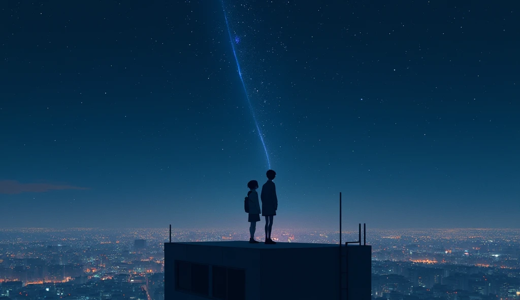 Under the Stars, a boy and a girl , Standing on the edge of the roof of a high-rise building with sadness, The sky is clear at night, the stars  。  The background is a starry sky，The two face the camera ,  and neither of them are showing their faces 。  The...