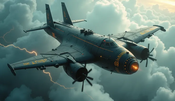Wide view, high angle looking down shot, futuristic, Sci-fi cinematic scene. Dramatic storming sky background. Double body Giant heavy plane flying through, eadily as the aircraft glides effortlessly through the endless expanse. Twin propeller wingspan the...