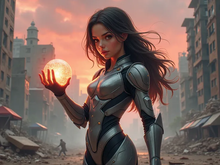 brunette teenager dressed in armor and holding an energy sphere and a ruined background