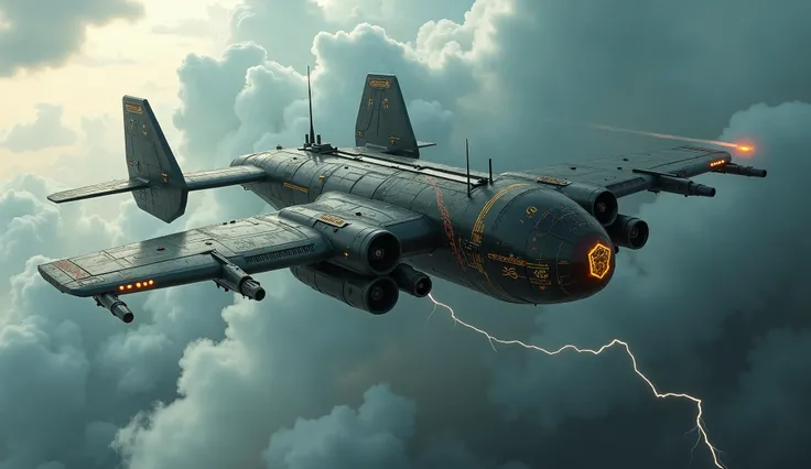 Wide view, high angle looking down shot, futuristic, Sci-fi cinematic scene. Dramatic storming sky background. Double body Giant heavy plane flying through, eadily as the aircraft glides effortlessly through the endless expanse. Twin propeller wingspan the...