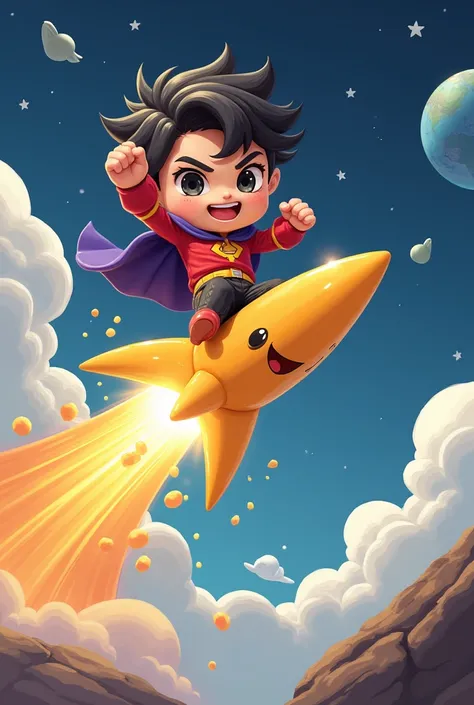 A chibi character hero riding on the tail fin of a shooting star and pumping his fist in excitement, a smiling shooting star, a hero with a smug face, fantasy illustration pop art, bold and dynamic, contrasts of light and shadow, 2.5D, artistic images art,...