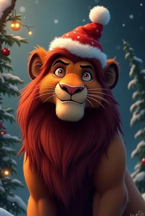 Scar of The Lion King [disney style] with a Christmas hat with a bad face. Brown red Dark fur. 