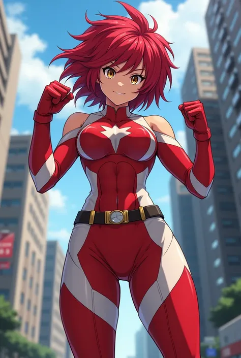 My Hero Academia Style , Anime girl, female, young female ,Full Body Shot,(fighting stance:1.3),Long hair, Red Hair,  Brown Eyes,Hero Suit, Full Body Suit, red suit with white details, perfect anatomy,  Toughened Abs,super detailed,(Buildings:1.2）