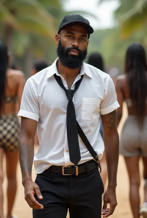 A very skinny browned skin pacific island realistic young men with a full beard  shaved wearing a white shirt and a black tie , and a black cap walking away from a group of women that wants his attention .