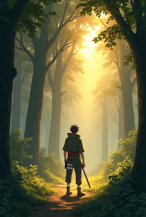  Irukas training continues in the isolated clearing of the forest ,  with the sound of blows echoing between the trees . the sun,  now lower on the horizon ,  casts golden and orange tones on the vegetation , , creating a game of light and shadow that move...