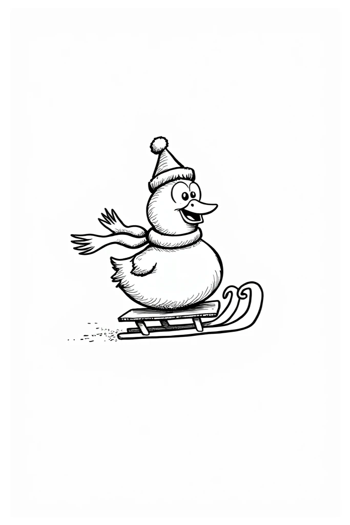 Black and white coloring page, caricature, goose in a Christmas scarf and hat on a sled