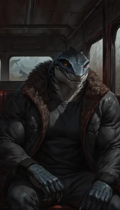 sharkfolk, anthro shark, solo, portrait, scaly, wearing jacket with black shirt, detailed gray skin, experienced predator, monstrous, shark snout, fins, yellow red heterochromia eyes, dark detailed body, matte body, toned, muscular anthro, bara, big muscle...