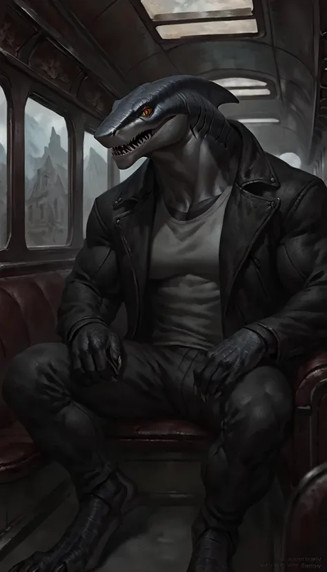 sharkfolk, anthro shark, solo, portrait, scaly, wearing jacket with black shirt, detailed gray skin, experienced predator, monstrous, shark snout, fins, yellow red heterochromia eyes, dark detailed body, matte body, toned, muscular anthro, bara, big muscle...