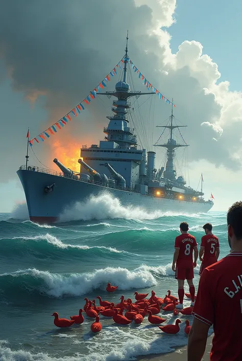 A Manchester City-flagged battleship fired artillery, crashing a flock of dead red ducks strewn across the sea, amid Liverpool players sitting weeping ashore.