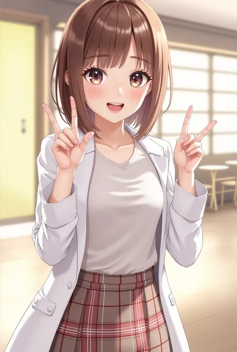  Japanese、 Female Adult、Purikura style、 hair up to the shoulders、 straight hair、 wearing a white coat、 plaid skirt、 illuminated background、 upper body、smile、C Cup、 cute pose、Showing teeth、Big, round eyes