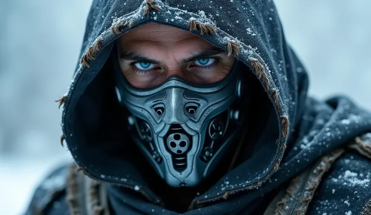 Sub-Zero in a cold, snowy environment. Sub-Zero is wearing a dark, weathered hooded cloak with visible frayed edges, partially covering their head. Their intense, glowing blue eyes peer out with a piercing gaze, exuding a sense of power and determination. ...