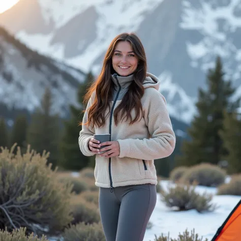 A full-length portrait of a woman standing outdoors, possibly in a snowy mountain area. The woman, 28 years old, has long, dark brown hair and a body goal. She is wearing a beige fleece-like jacket or shirt and tight gray leggings. She is holding a gray me...