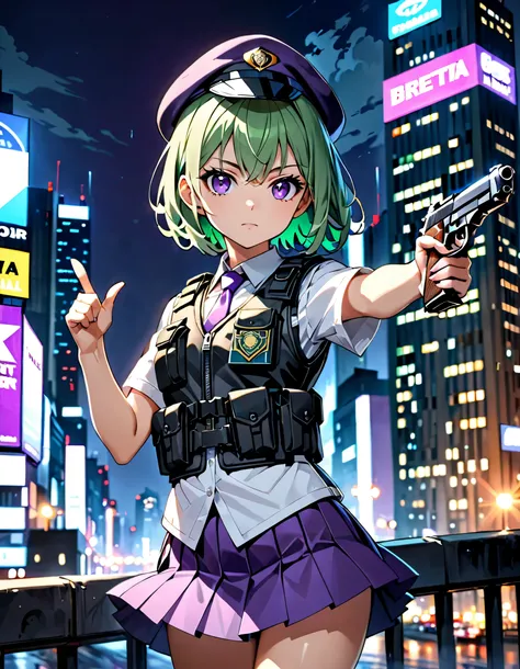 masterpiece, best quality, hires, 8k, top-quality、extremely delicate and beautiful, (a teenage girl), purple eyes, green hair, short-haired, (purple pointy hat), purple tie, solo, tactical vest, short sleeves, purple skirt, pleated skirt, miniskirt, (holdi...