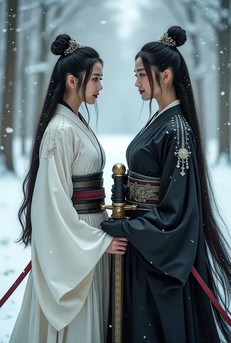  Japanese Royal Sisters ，actress，2 Women ，  Height 170cm  ，Full body display ，One Long-Haired White Knight Holding Sacred Sword ， Another Pretty Short-Haired Black Knight Holding Dark Magic Sword ,  Face to Face，   height realistic 8K display  ，   HD Face ...