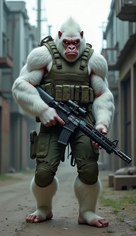 a full-body shot of a muscular soldier and a white evil gorilla with
shining red eyes hybrid with a human body and the head of the white gorilla. He is
in elite soldier attire and is holding a rifle. The blend between the human and
gorilla parts is smooth,...