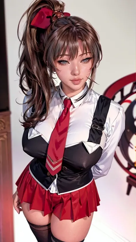 highres,absurdres,masterpiece,best quality,24 years,original,extremely detailed CG,extremely detailed wallpaper,perfect lighting,standing on the stage,blurry background,(from above),looking at viewer, kozononami,yellow eyes,long hair,black hair,ponytail,ha...