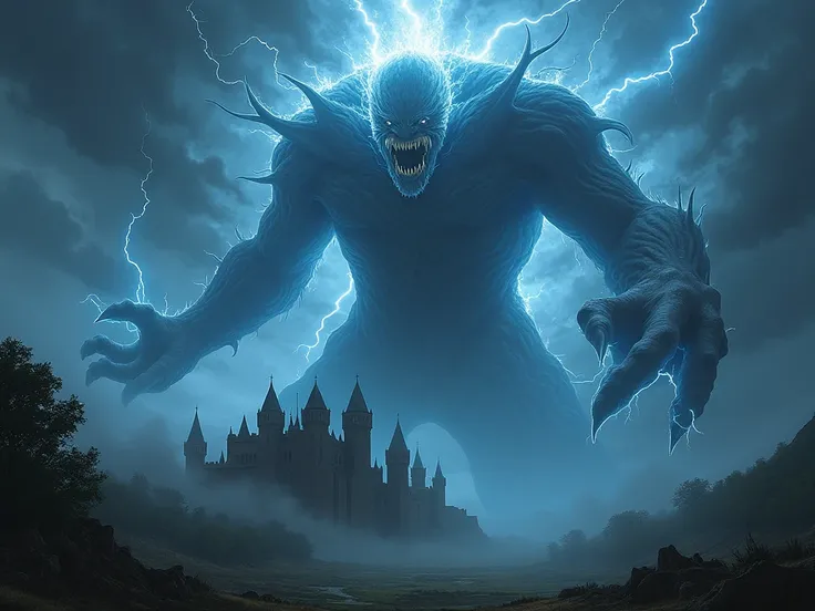 an evil energy being above a castle and with many thunderbolts in the sky