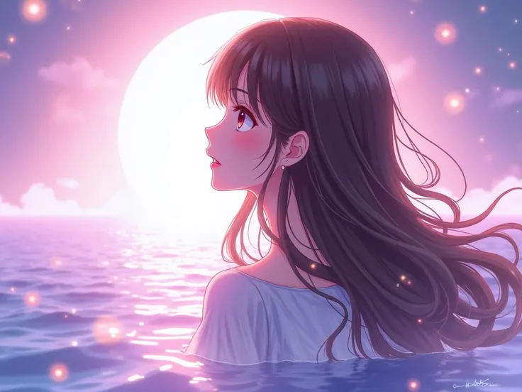  anime style, 🌊、✨、 1 girl , 🩷、profile、 long hair, Brown Hair