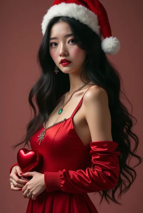 A 20-year-old korean girl is standing, wearing a silk royal red backless dress with the name "Harley Quinn" written on the front. She is holding a heart in her hands. Her long, wavy black hair falls beautifully, and she is adorned with a festive Christmas ...