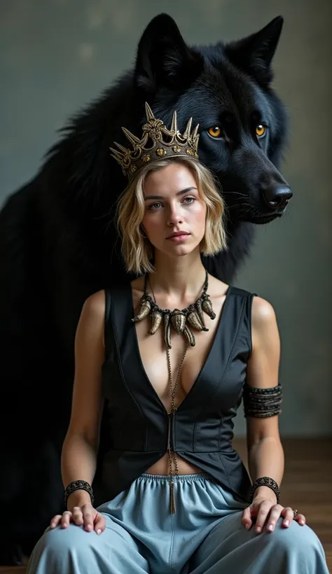 A very large Amur black Wolf of substandard size, about 2 meters, is watching over her as if to protect her, as if to cuddle her. The Italian young woman is of medium height and has Short-Cut dark blonde hair. Her hair is long enough to fall over her foreh...