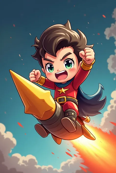 A chibi character hero riding on the tail fin of a shooting star and pumping his fist in excitement, a smiling shooting star, a hero with a smug face, fantasy illustration pop art, bold and dynamic, contrasts of light and shadow, 2.5D, artistic images art,...