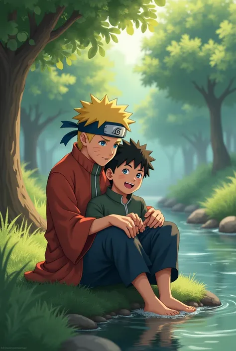 Iruka Sensei a 16-year-old ,  looking boy holding Naruto a boy who was  in his lap,  in a small forest next to a river , Both are happy,  Iruka felt a lot of emotion when she embraced Naruto Uzumaki 