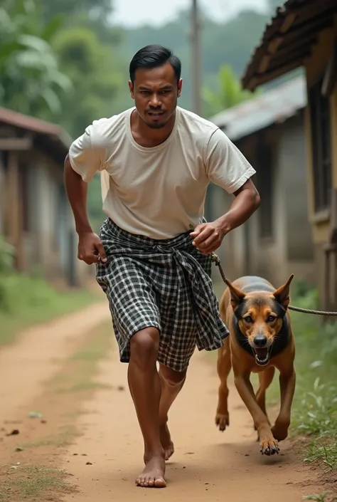 30 year old Indonesian man, wearing a white t-shirt, a black and white checkered sarong without shoes, the man is running in fear, a dog is seen biting and pulling the mans sarong, the background is a dirt road in an Indonesian village.